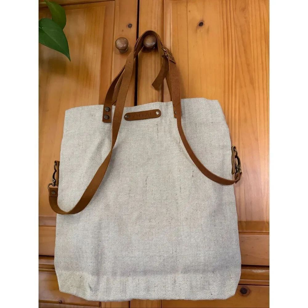 LIVTHAI Canvas Leather Foldover Tote Crossbody Beige - Picture 6 of 14